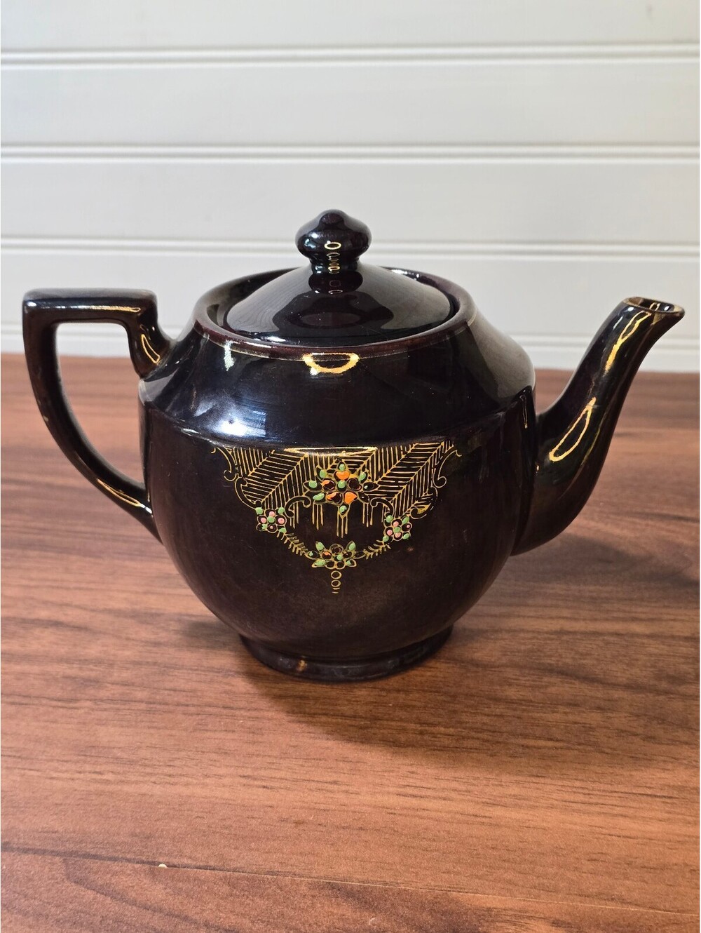 Vintage 1930s–40s Made in Japan Black Teapot Gold Floral Hand Painted